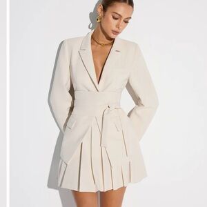Cream Belted Cinched Waist Blazer and Pleated Skirt Set
